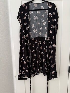 Final Touch Black Floral Open Cardigan Dress with Cream Accents